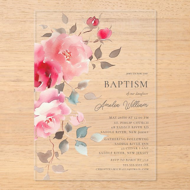 Invitación de Bautizo con Flores Rosadas (Anverso)