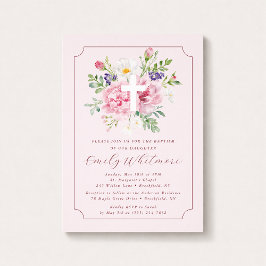 Invitación de Bautizo con FLORES Rosadas para Niña
