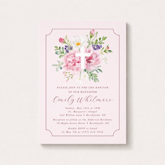Invitación de Bautizo con FLORES Rosadas para Niña (Subido por el creador)
