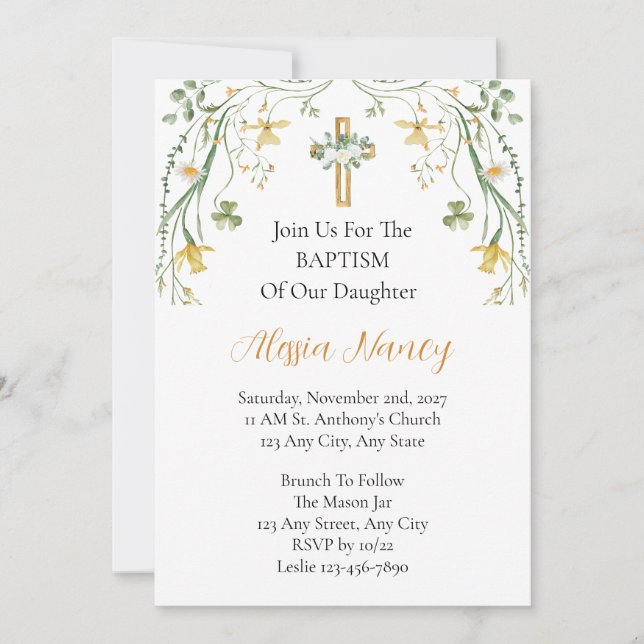 Invitación de Bautizo con Flores y Verdor   (Anverso)