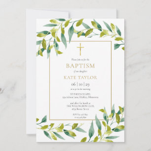 Invitación de Bautizo con Follaje Verde