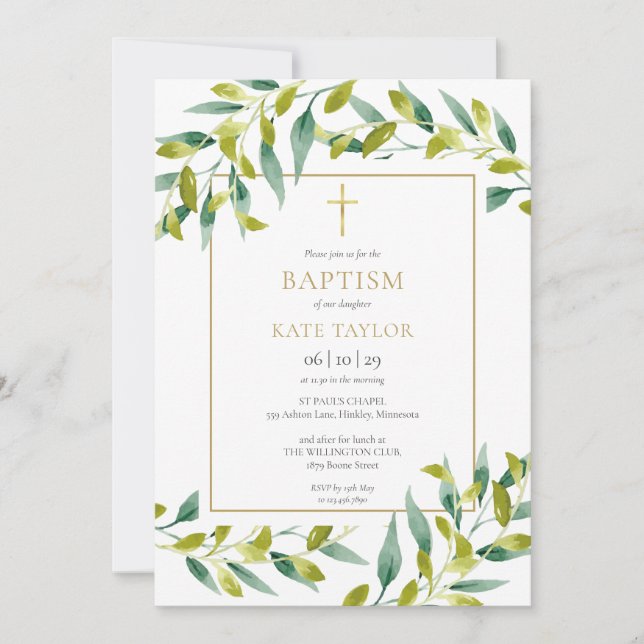 Invitación de Bautizo con Follaje Verde (Anverso)
