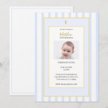 Invitación de Bautizo con Foto Azul Elegante y Dor