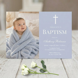 Invitación de bautizo con foto azul polvoriento pa