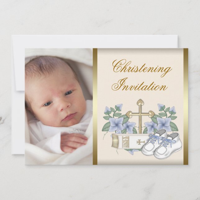 Invitación de bautizo con foto de bebé niño en oro (Anverso)