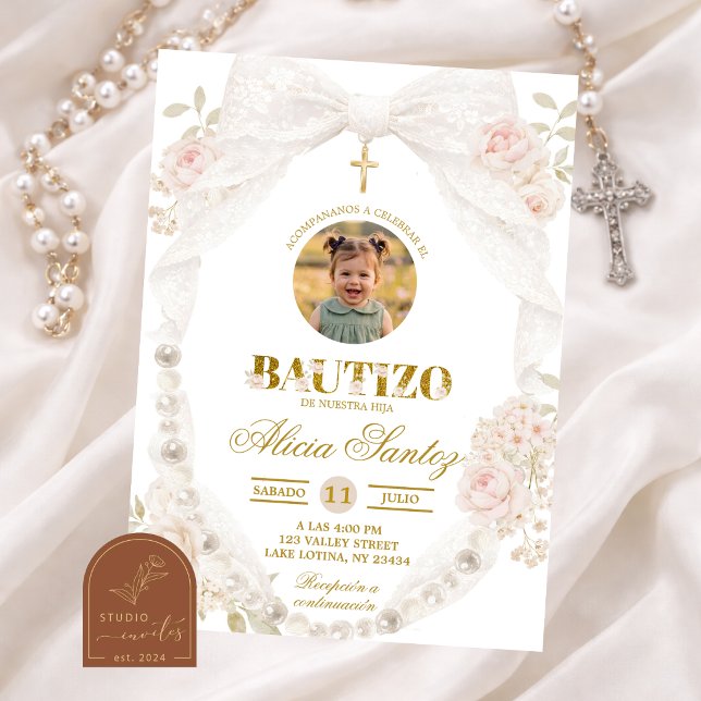 Invitación de Bautizo con Foto de Encaje Marfil y  (Subido por el creador)