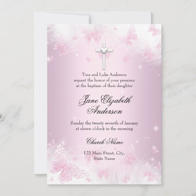 Invitación de Bautizo con Foto de Mariposa Rosa y  (Anverso)