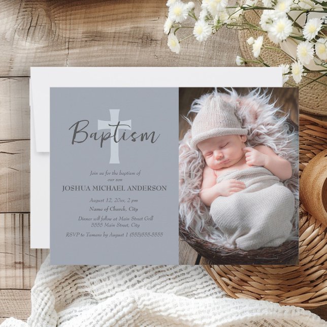 Invitación de Bautizo con Foto de Niño Bebé Azul (Dusty blue baby baptism photo invitation)