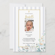 Invitación de Bautizo con Foto Floral Azul Elegant