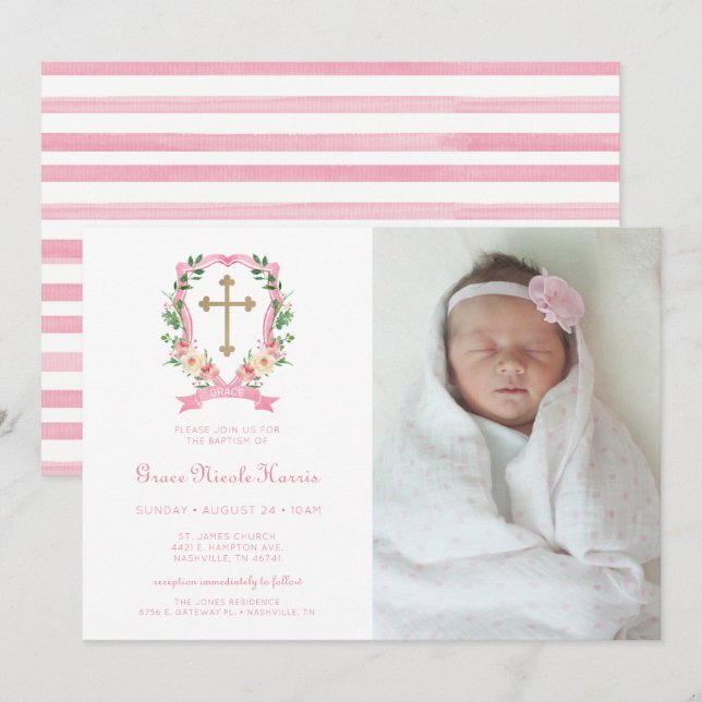 Invitación de Bautizo con Foto Floral Rosa (Anverso / Reverso)