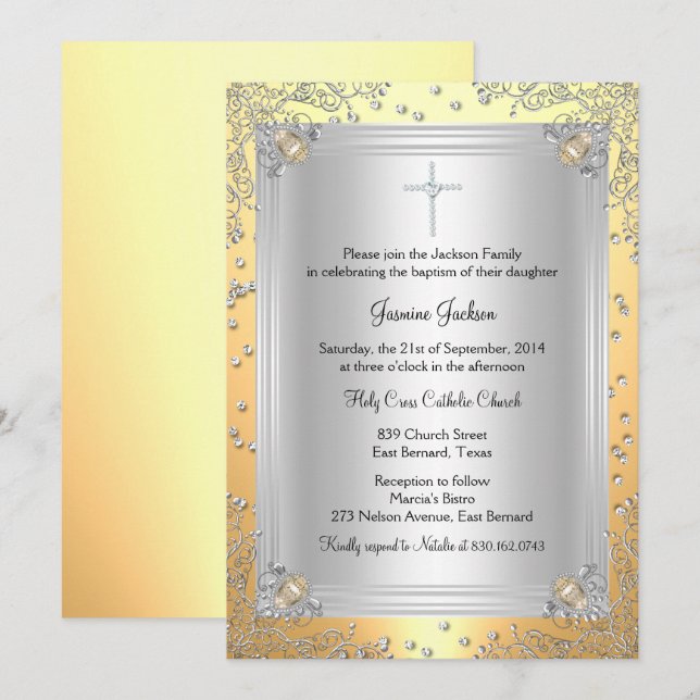 Invitación de Bautizo con Joya de Destello Amarill (Anverso / Reverso)