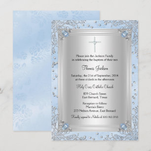 Invitación de Bautizo con Joya de Destello Azul