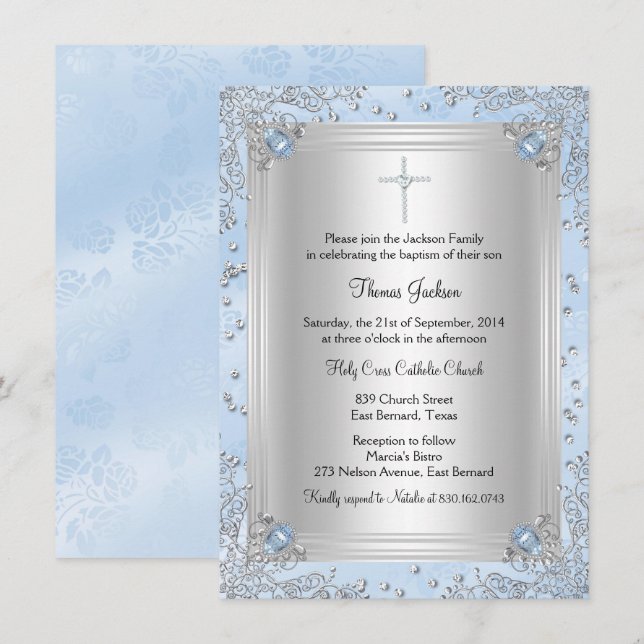 Invitación de Bautizo con Joya de Destello Azul (Anverso / Reverso)