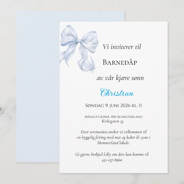 Invitación de bautizo con lazo azul (Anverso / Reverso)