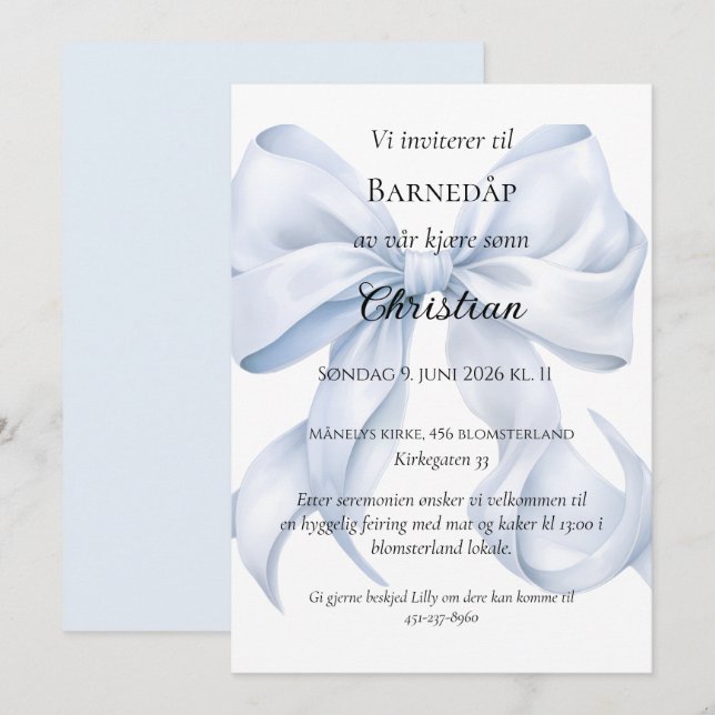 Invitación de Bautizo con Lazo Azul (Anverso / Reverso)
