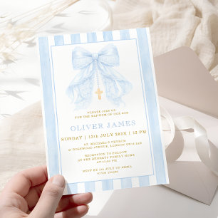 Invitación de bautizo con lazo azul