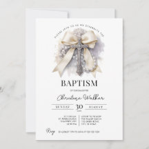 Invitación de Bautizo con Lazo Beige | Cruz y Rosa