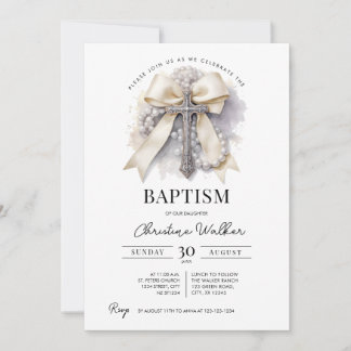 Invitación de Bautizo con Lazo Beige | Cruz y Rosa