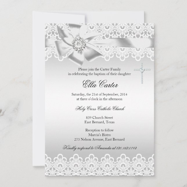 Invitación de Bautizo con Lazo Blanco y Cruz de En (Anverso)