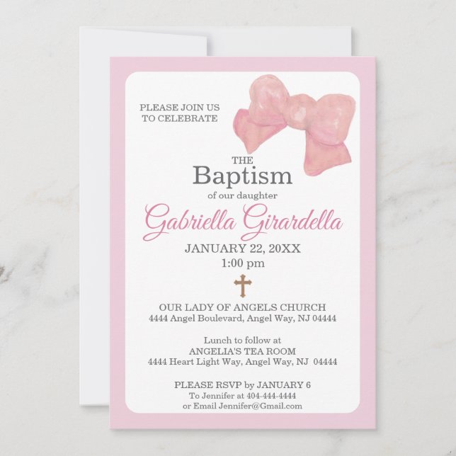 Invitación de bautizo con lazo de acuarela rosa y  (Anverso)