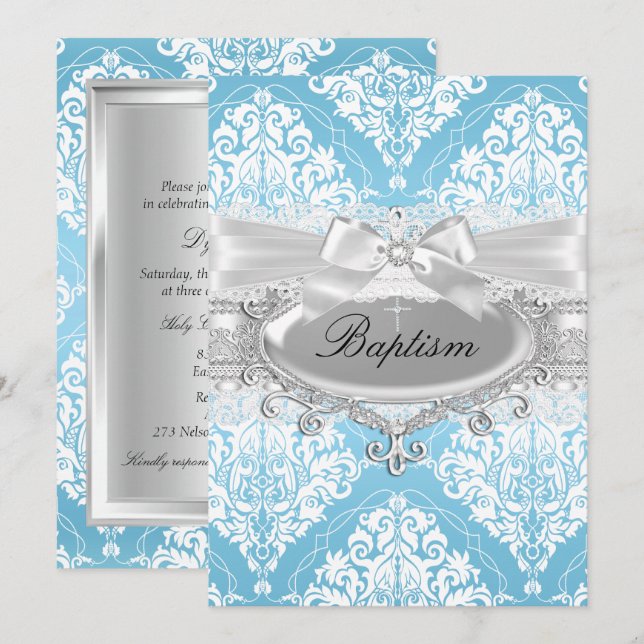 Invitación de Bautizo con Lazo de Damasco Azul (Anverso / Reverso)