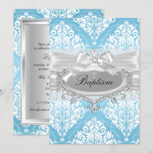 Invitación de Bautizo con Lazo de Damasco Azul