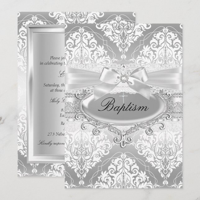 Invitación de Bautizo con Lazo de Damasco de Plata (Anverso / Reverso)