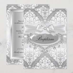 Invitación de Bautizo con Lazo de Damasco de Plata