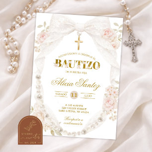 Invitación de Bautizo con Lazo de Encaje Marfil y