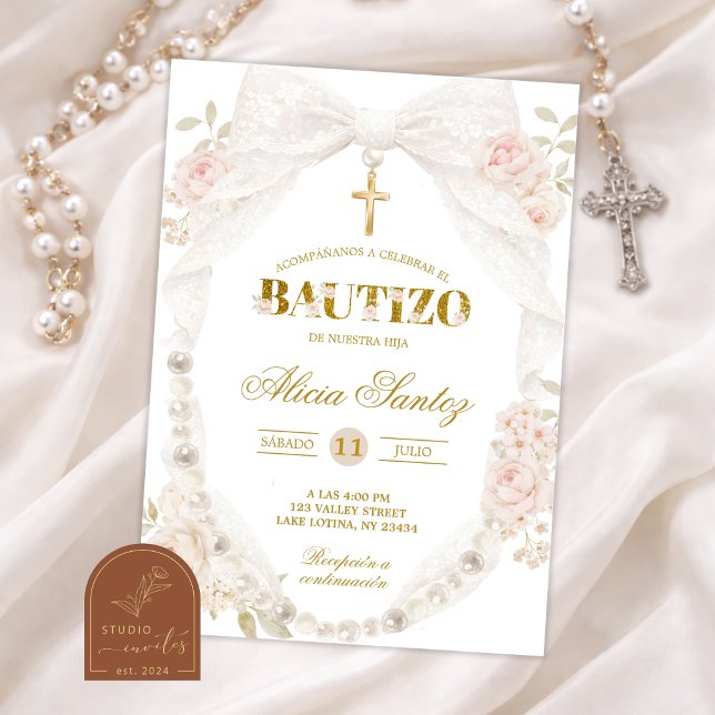 Invitación de Bautizo con Lazo de Encaje Marfil y  (Subido por el creador)