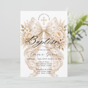 Invitación de Bautizo con Lazo Floral Elegante y P