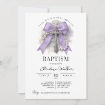 Invitación de Bautizo con Lazo Morado | Cruz y Ros