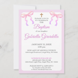Invitación de Bautizo con Lazo Ombre Rosa Pastel y