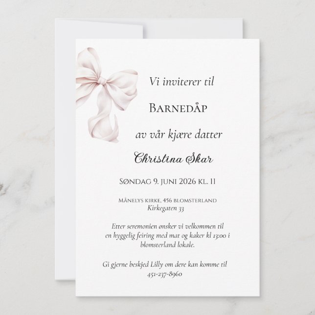 Invitación de Bautizo con Lazo Rosa (Anverso)