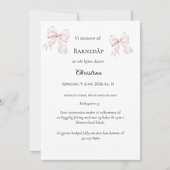 Invitación de Bautizo con Lazo Rosa (Anverso)