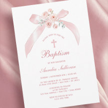 Invitación de Bautizo con Lazo Rosa Floral