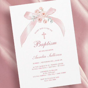 Invitación de Bautizo con Lazo Rosa Floral