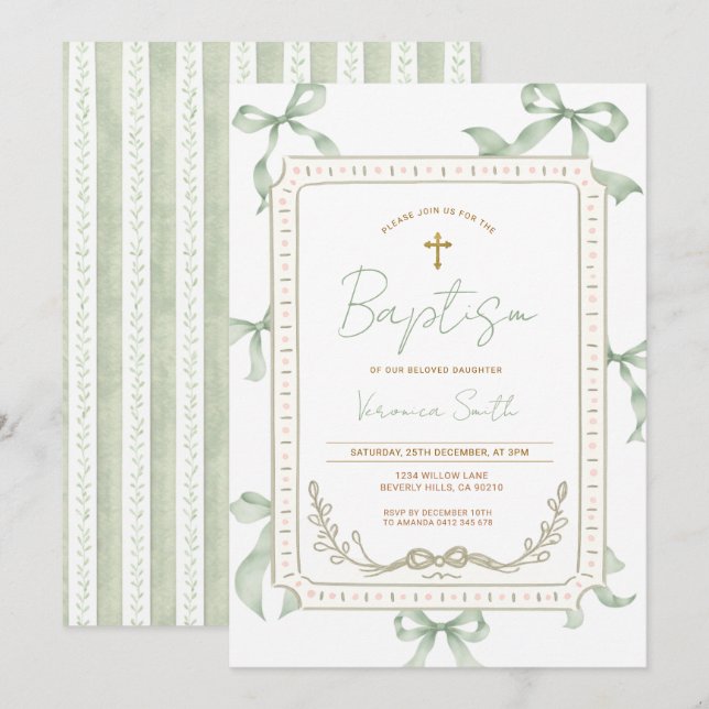 Invitación de bautizo con lazo verde salvia (Anverso / Reverso)