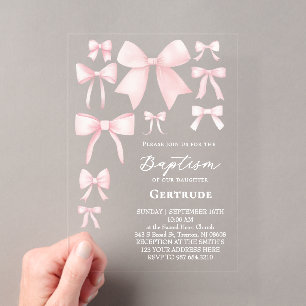 invitación de bautizo con lazos rosados