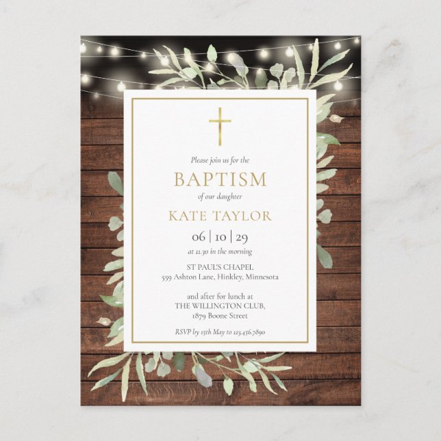 Invitación de Bautizo con Luces de Cuerda Rústicas (Anverso)
