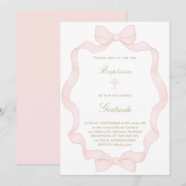 invitación de bautizo con marco de cinta rosa (Anverso / Reverso)