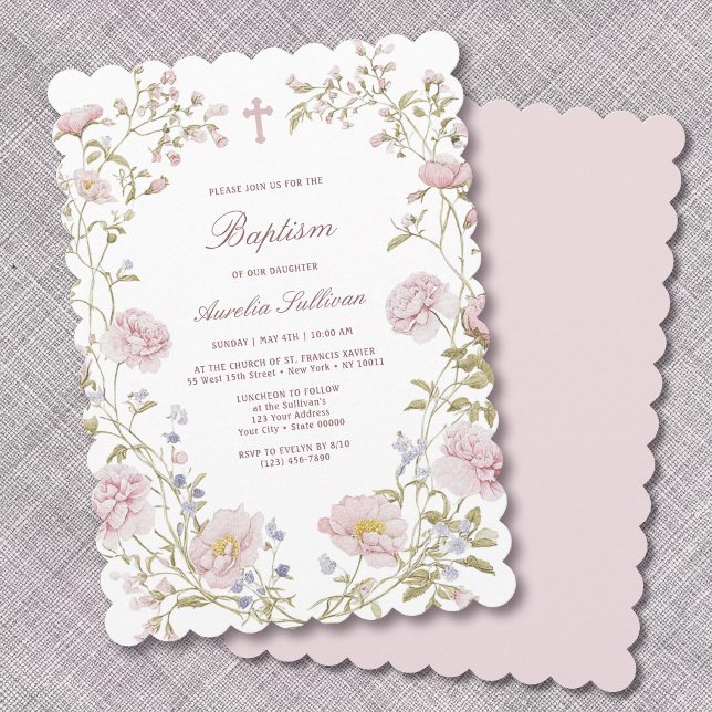 Invitación de Bautizo con Marco Floral Rosado (Subido por el creador)