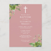 Invitación de Bautizo con Monograma de Verde y Ros