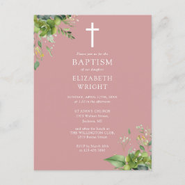 Invitación de Bautizo con Monograma de Verde y Ros