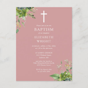 Invitación de Bautizo con Monograma de Verde y Ros