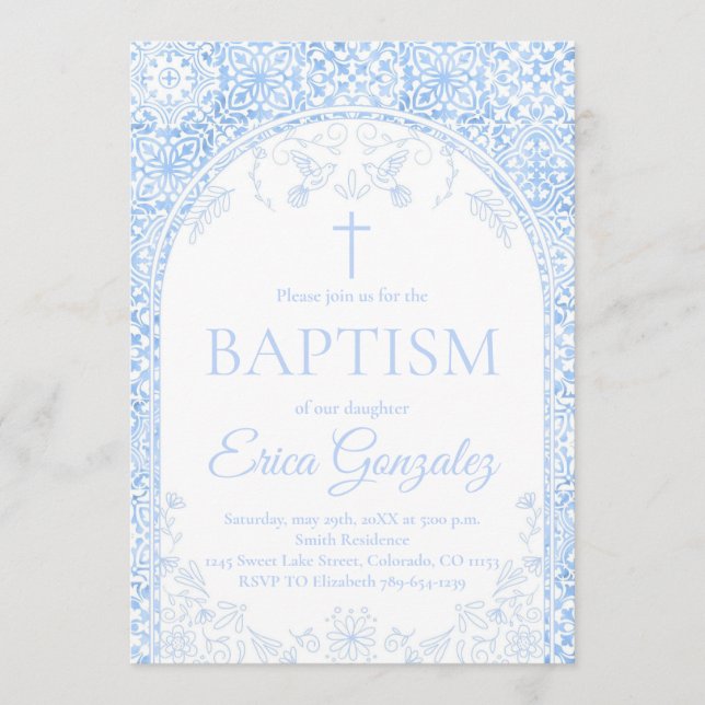 Invitación de Bautizo con Papel Picado Azul Polvo (Anverso)