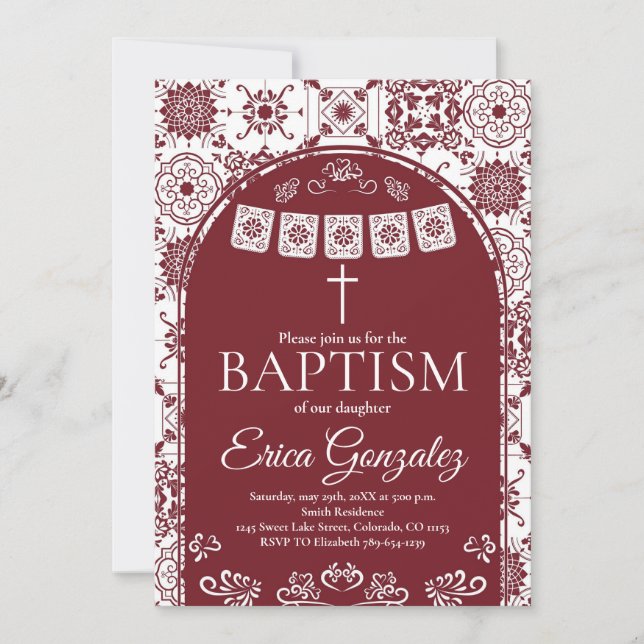 Invitación de Bautizo con Papel Picado Borgoña (Anverso)
