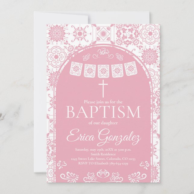 Invitación de Bautizo con Papel Picado Rosa Sonroj (Anverso)