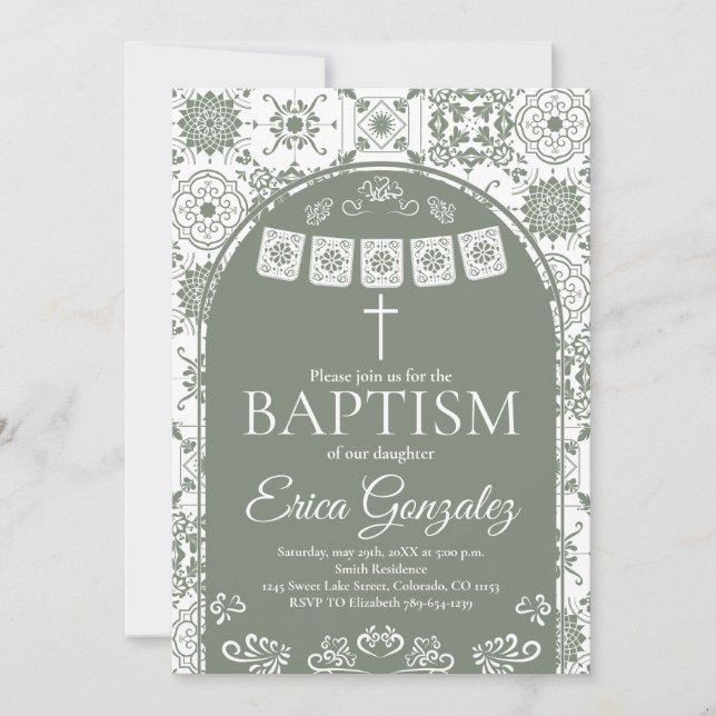 Invitación de Bautizo con Papel Picado Verde Salvi (Anverso)