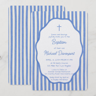 Invitación de bautizo con rayas azules elegantes